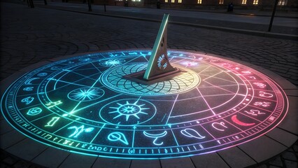 Illuminated Sundial with Colorful Astrology Symbols on Stone Pavement at Night