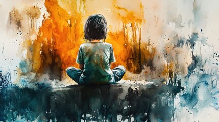 Solitude: A Watercolor Painting of a Child Contemplating an Abstract Landscape