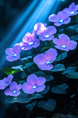 Magical, bioluminescent-like flowers with subtle stripes blooming among stone formations, with rays