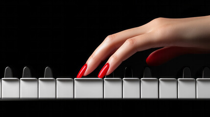 A stylized macro shot of elegant red-nailed fingers poised on ivory keys, the piano surface