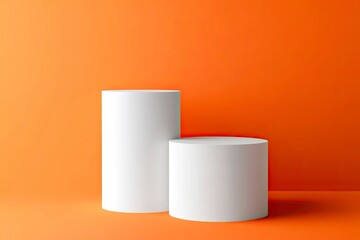 White podium on an orange background, a minimal mockup for product presentation. A mock-up pedestal stand with a copy space area. A white, round cylinder platform display stage showcase, 