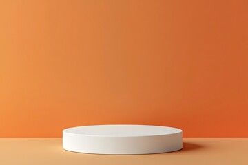 White podium on an orange background, a minimal mockup for product presentation. A mock-up pedestal stand with a copy space area. A white, round cylinder platform display stage showcase, 