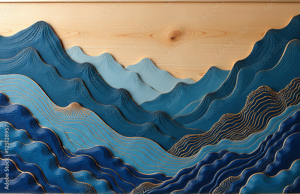 Poster the koto wood panel features an exotic blue pattern with a textured, panoramic design reminiscent of