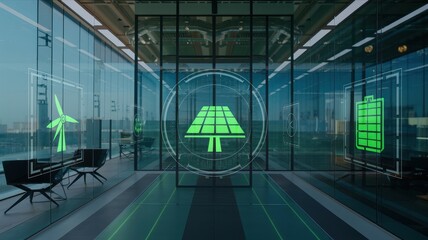 Innovative Green Energy Solutions: A Futuristic Office Space Showcasing Solar, Wind, and Battery Technology
