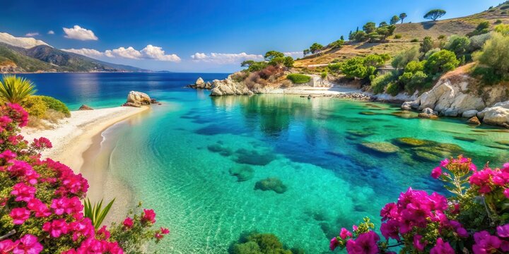Serene turquoise waters lapping against white sandy shores of Livadi beach in Ikaria island Greece with lush greenery and vibrant flowers surrounding it , crystal clear water, greek isles