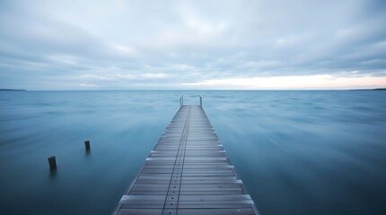 Fototapeta premium Serene pier extending into calm, blue water under a cloudy sky.