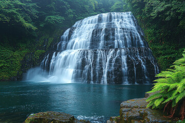 Waterfall cascading into a tranquil pool surrounded by lush green forest