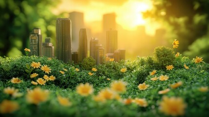 Cityscape sunrise, flowers, green, urban nature, eco-friendly concept