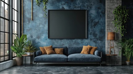 Modern Living Room Interior Design With Dark Blue Sofa