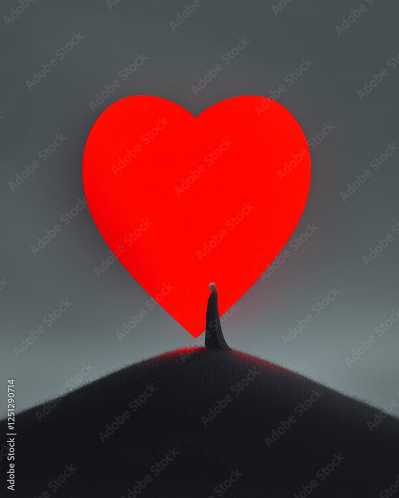 Poster a minimalistic panorama where a heart shape dissolves into the background, a lone figure quietly
