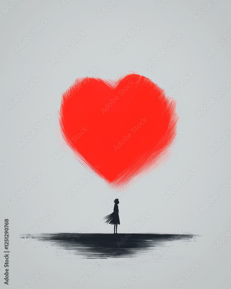 Poster a minimalistic panorama where a heart shape dissolves into the background, a lone figure quietly