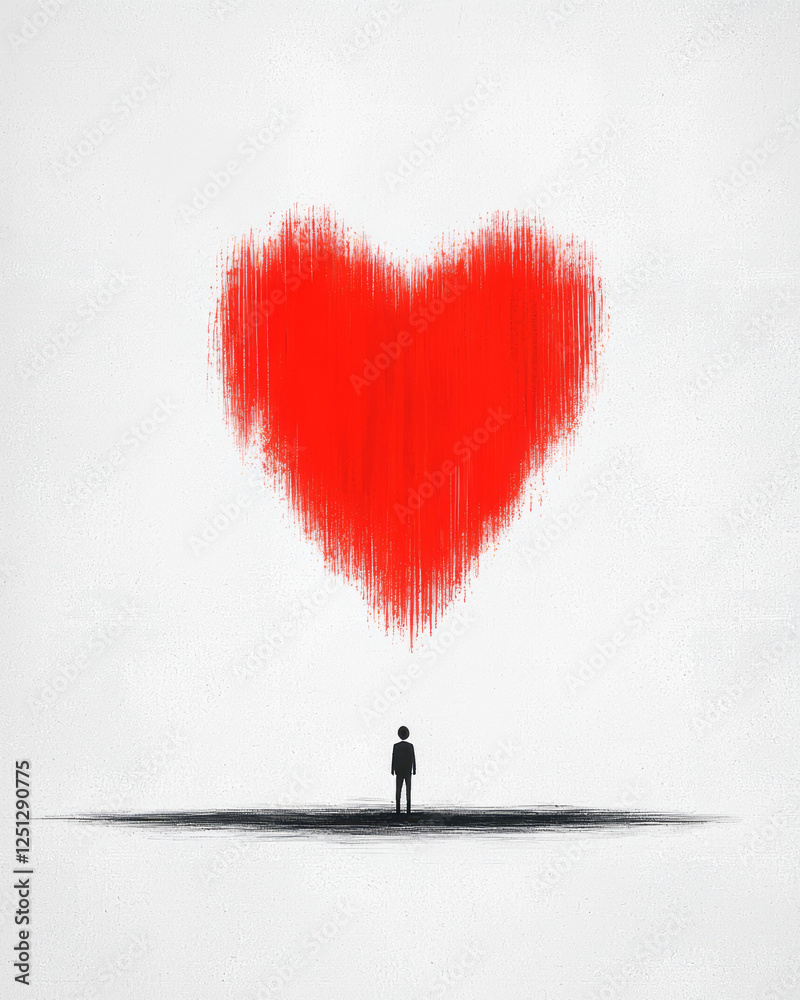 Poster a minimalistic panorama where a heart shape dissolves into the background, a lone figure quietly