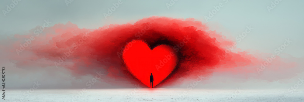 Poster a surreal tableau of one person under a heart-like formation blending into the land, fluid color