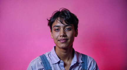 Fototapeta premium Person with pink background. Youthful person looking straight. Androgynous person posing picture.