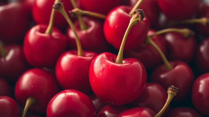 Juicy red cherries with green stems