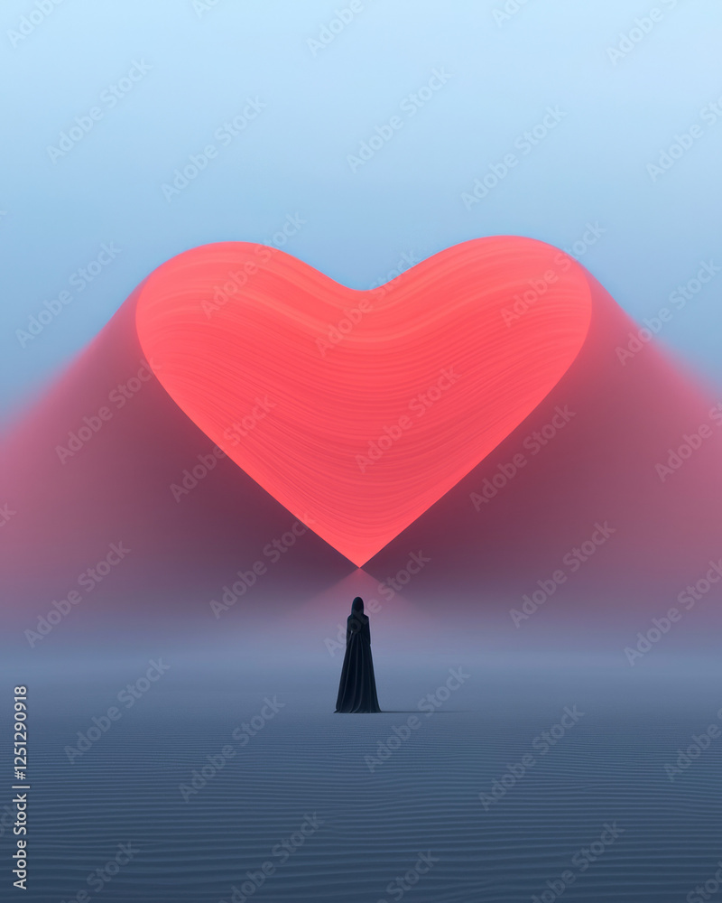 Poster a minimalistic panorama where a heart shape dissolves into the background, a lone figure quietly