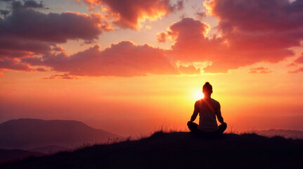 Woman meditates at sunrise. Peaceful meditation session. Mindfulness and relaxation practice. Yoga in nature at dawn.