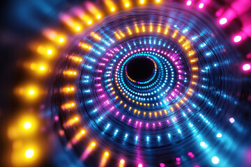 Neon tunnel lights swirl in abstract digital art background