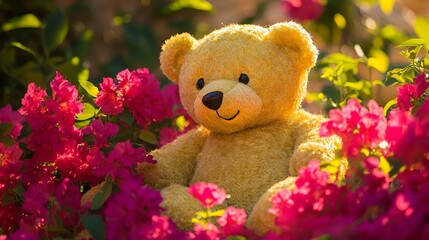 Golden teddy bear surrounded by vibrant pink flowers in a sunny garden