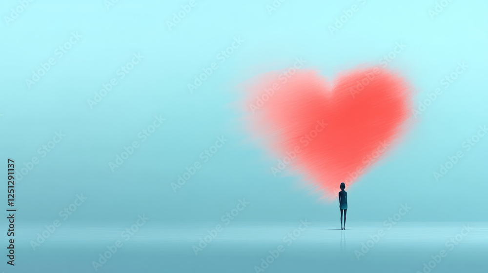 Poster a poetic composition of a lone figure standing under a heart shape softly melding into the