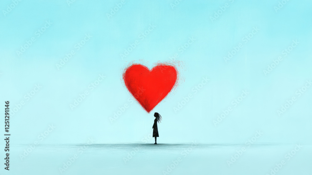 Poster a poetic composition of a lone figure standing under a heart shape softly melding into the