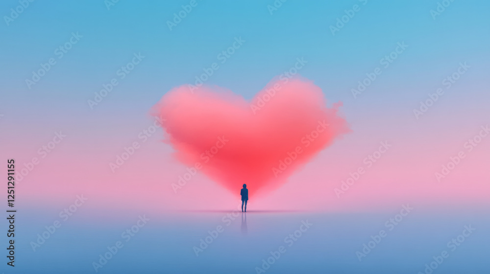 Poster a poetic composition of a lone figure standing under a heart shape softly melding into the