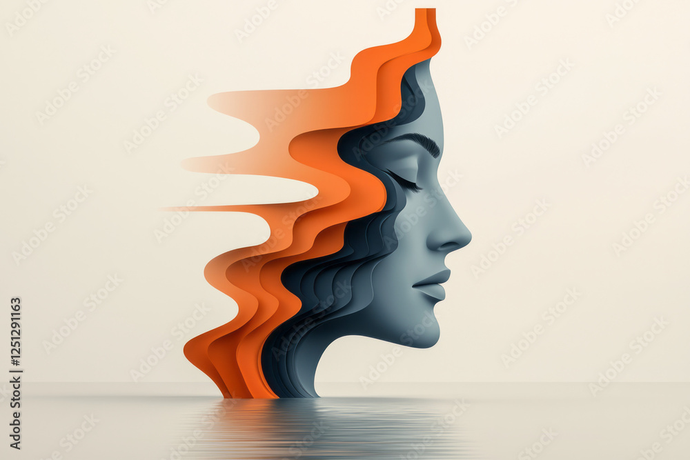 Aufkleber a surreal floating face materializing from smooth fluid shapes in shimmering blue and orange tones,