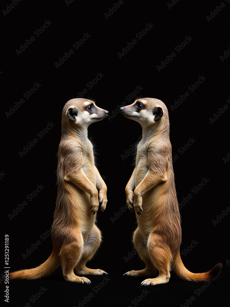 Poster two meerkats stand facing opposite directions against a black background, leaving room for text or a