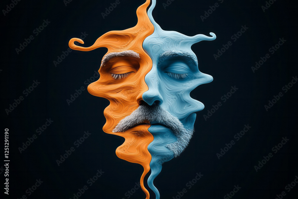 Poster A surreal floating face materializing from smooth fluid shapes in shimmering blue and orange tones,