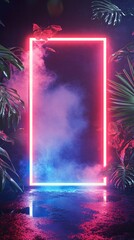 Neon Frame with Rectangular Red and Blue Lights, Metallic Surface, Smoke, and Digital Rain in a Sci-Fi Urban Scene. Copy space. Generative AI