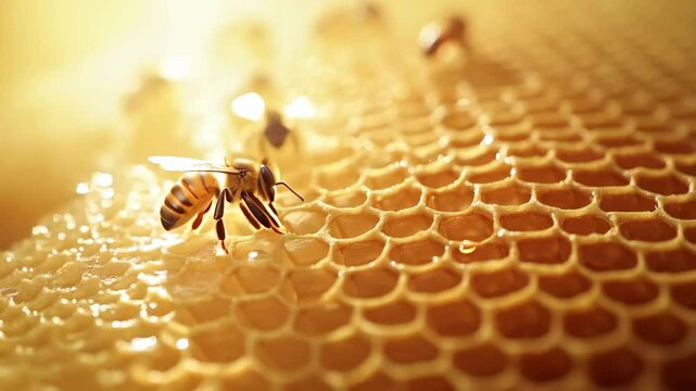 Golden honeycomb backlit with worker honey bee walking slowly across textured surface, highlighting intricate details of bee movement and honeycomb structure
