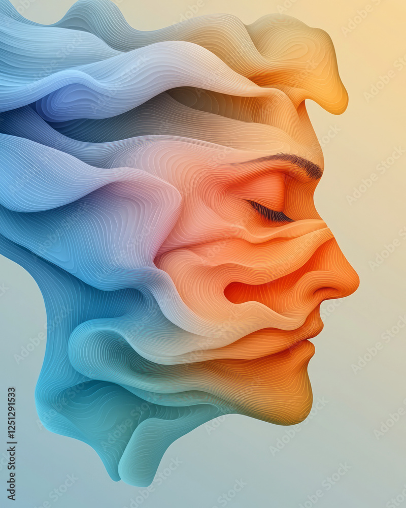 Poster a hypnotic floating face emerging from waves of liquid color in warm oranges and cool blues, soft