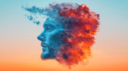 A surreal portrait forming within flowing, molten shapes lit by vivid blues and oranges, drifting