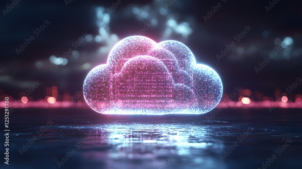 Poster glowing luminescent cloud like data storage platform with suspended floating technology elements emi