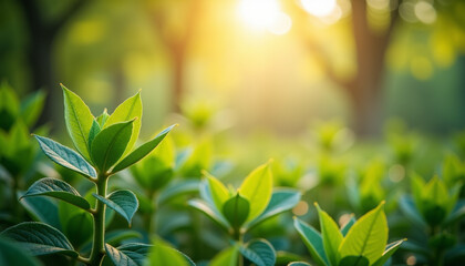 Obraz premium Mystical garden glow with softly blurred fresh green leaves in the foreground, glowing with sunlight and creating a peaceful ambiance