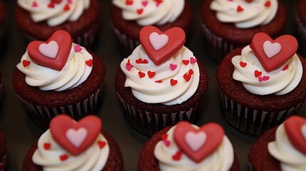 Red Velvet Cupcakes with Heart-Shaped Decorations