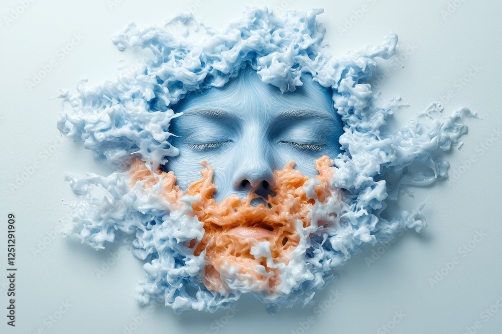 Poster a face sculpted from pulsing blue and orange liquid forms, delicate wave-like ripples enveloping it