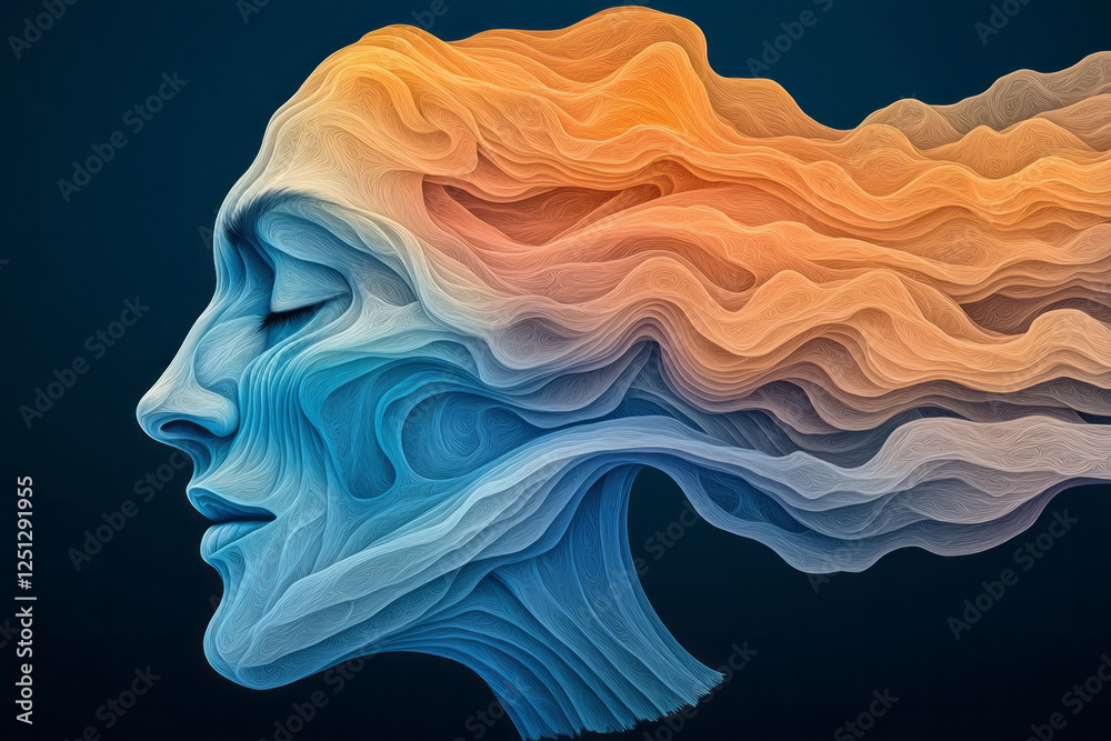 Poster a face sculpted from pulsing blue and orange liquid forms, delicate wave-like ripples enveloping it