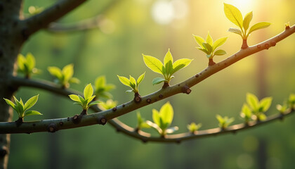 Springtime renewal with young green leaves emerging from tree branches, softly lit by golden sunlight, symbolizing new beginnings