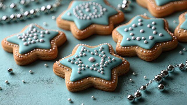 a top view shot of triangular cookies, Star of David motifs, festive masquerade items bow tie, beads, gragger on a soft mint canvas with free space for text or advertisements.