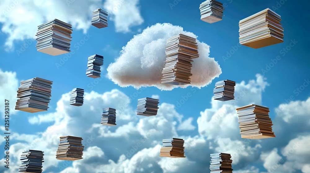 Poster abstract digital depicting cloud computing and data storage represented by stacks of files floating 