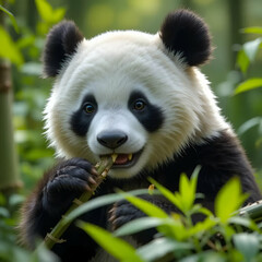 Fototapeta premium Adorable Panda Enjoying Bamboo in the Forest