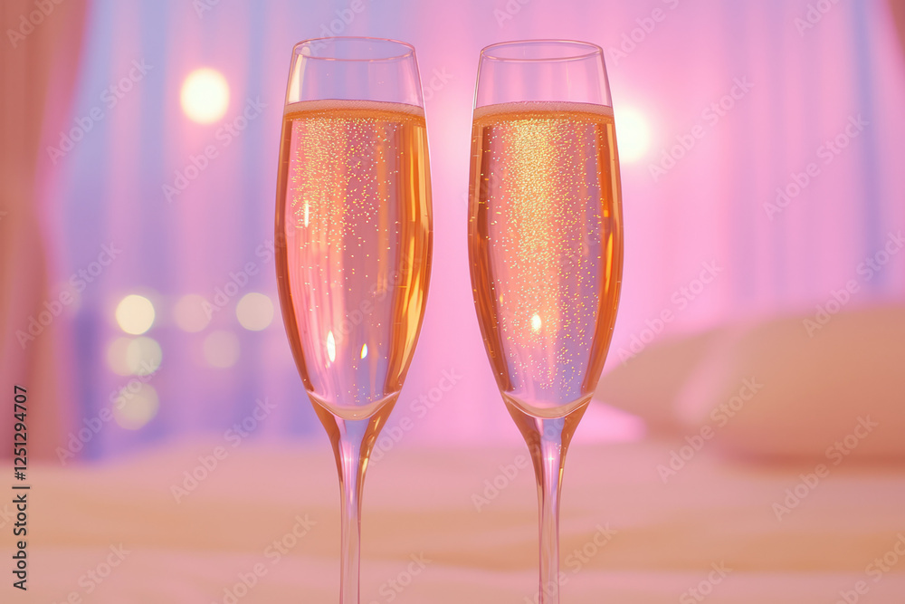 Poster close-up of twinkling champagne bubbles in graceful flutes, the warm bokeh behind them creating a
