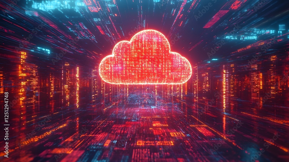 Poster holographic cloud surrounded by a matrix of digital files and encrypted codes in a futuristic virtua