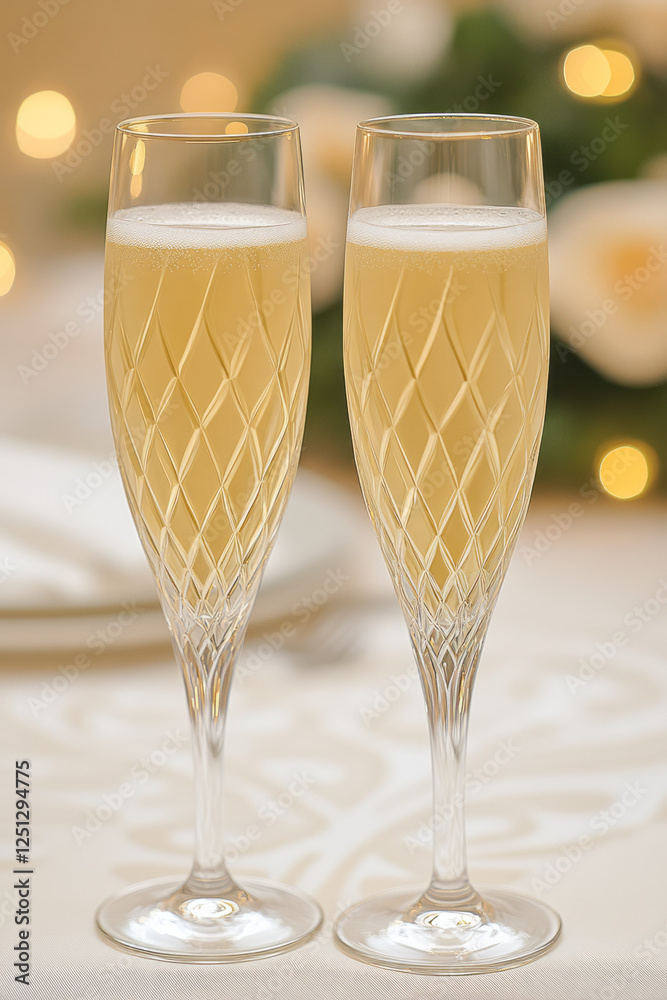 Poster an elegant toast captured in sparkling champagne flutes, golden effervescence glowing in a softly