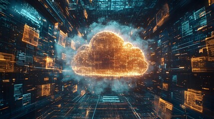 Holographic Cloud Surrounded by Digital Files and Encrypted Codes in a Futuristic Technology Environment Representing the Concept of Data Storage Cyber Security and Digital Transformation