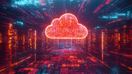 Holographic cloud surrounded by a matrix of digital files and encrypted codes in a futuristic virtual environment with a glowing neon lit interface  The image represents the power of data technology