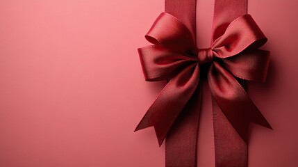 a vertical striking red ribbon tied in a perfect bow against a gentle pink backdrop ideal for valentine's day or celebratory themes enhances feelings of love, warmth and special occasions.