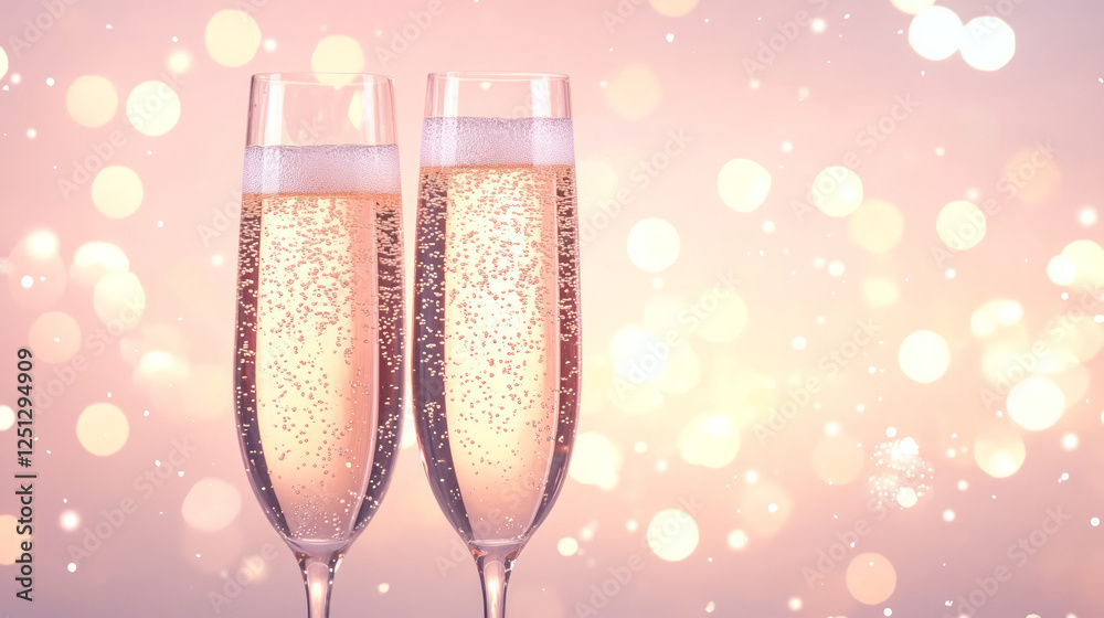 Poster a sophisticated champagne setting with sparkling bubbles dancing in tall glasses, the warm and