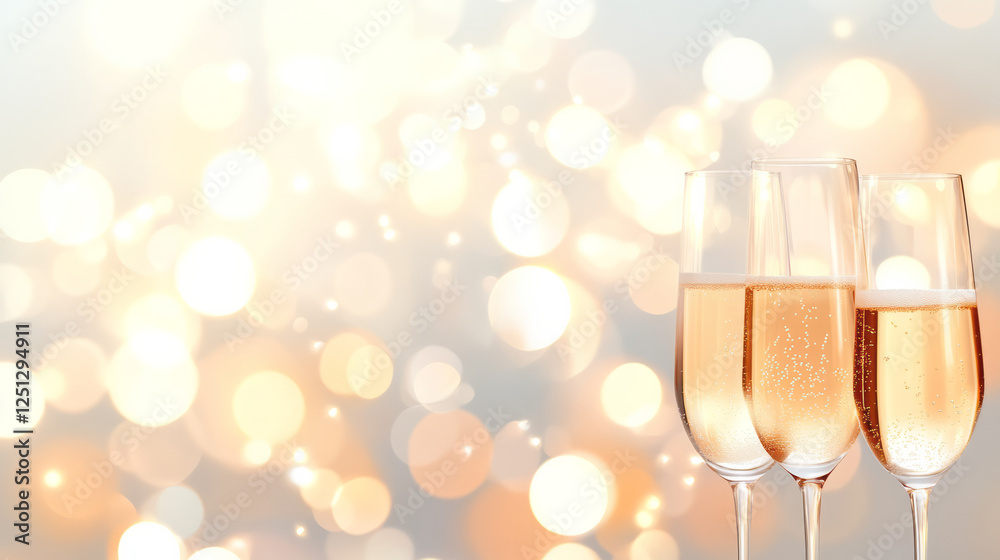 Poster a sophisticated champagne setting with sparkling bubbles dancing in tall glasses, the warm and